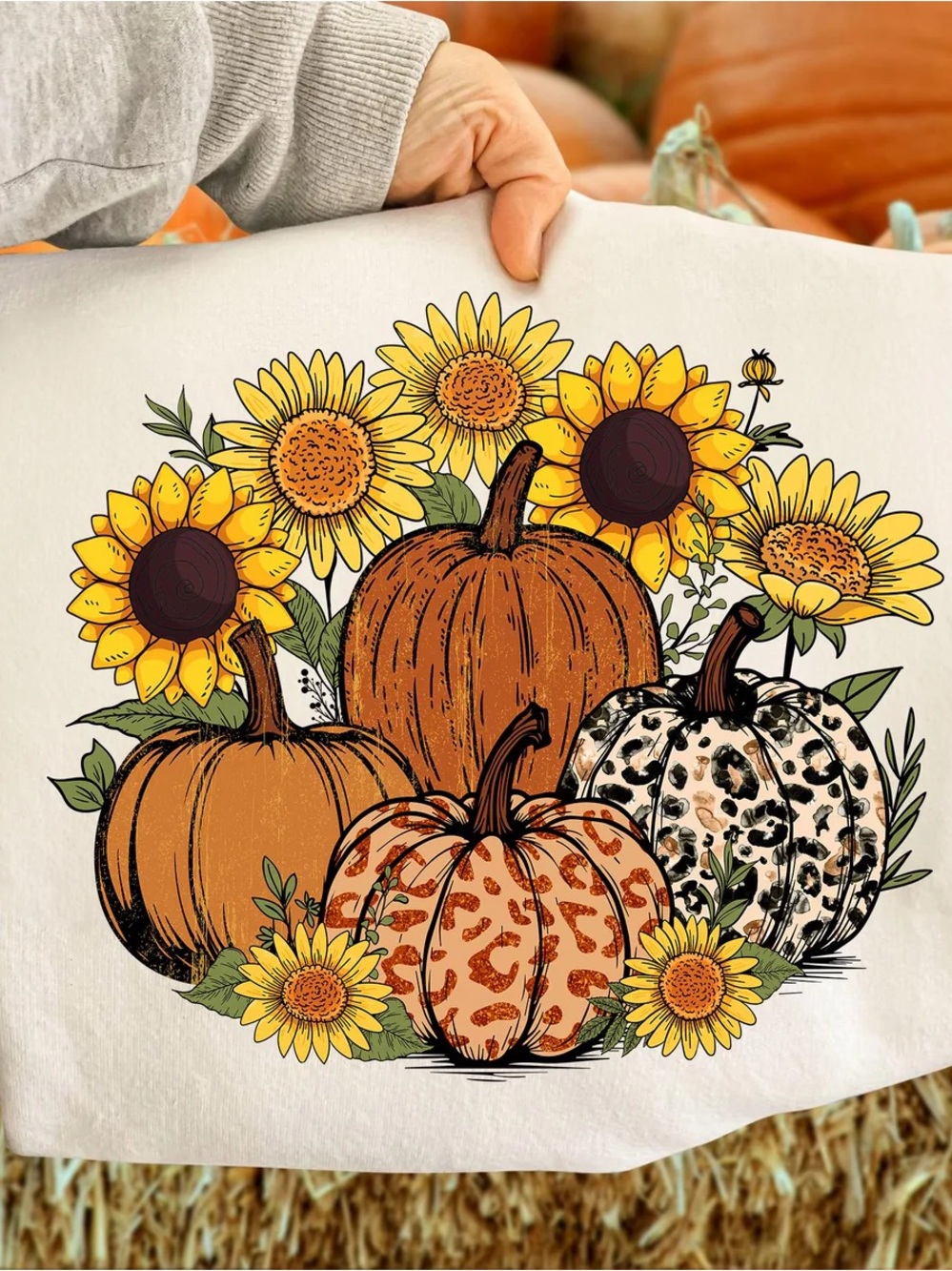 Autumn Leopard & Sunflower Pumpkin Graphic Tshirt Comfort Colors Ivory Small-XL